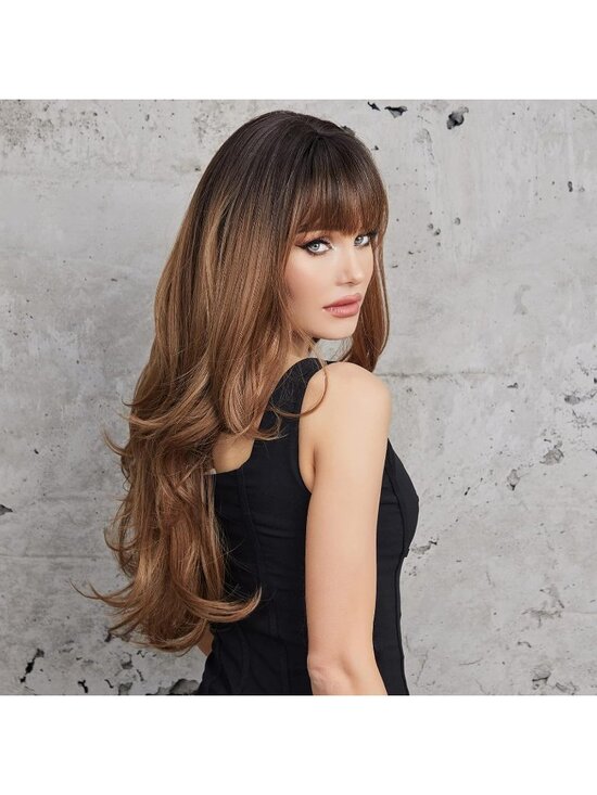 Women\'s Ombre Brown Heat Resistant Long Curly Wavy Synthetic Wig Bangs Size 26In main image 3